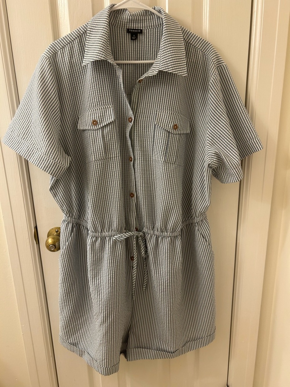 torrid Blue and White Striped Short Sleeve Utility Romper